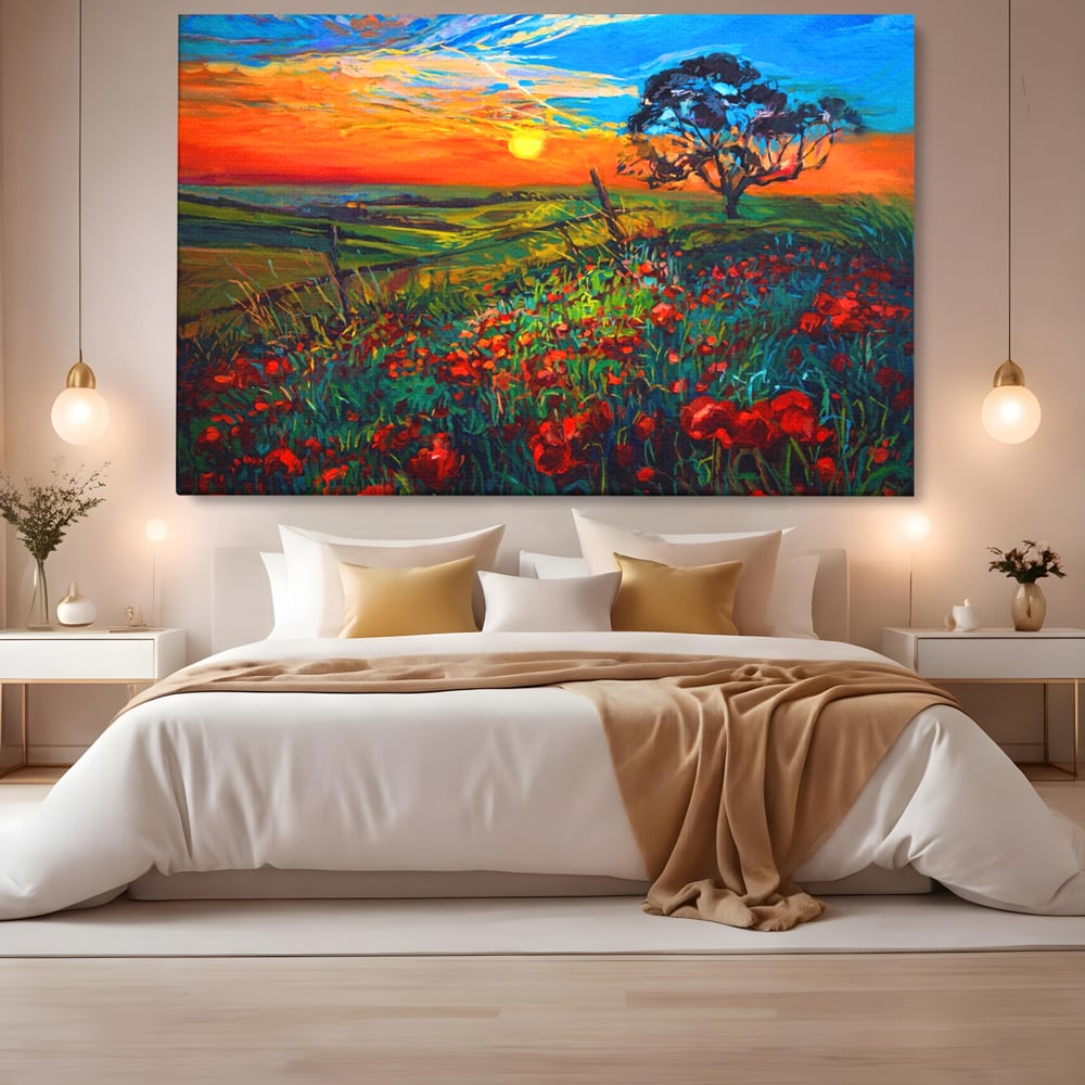 Tablou canvas cu tablou canvas cu maci si apus de soare, fara rama, pe sasiu de lemn, pe perete intr-un dormitor